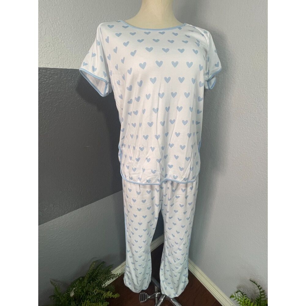 NWOT LAKE Pajamas Blue Heart Pima Cotton Short Long Sleepwear Lounge Set L Cozy